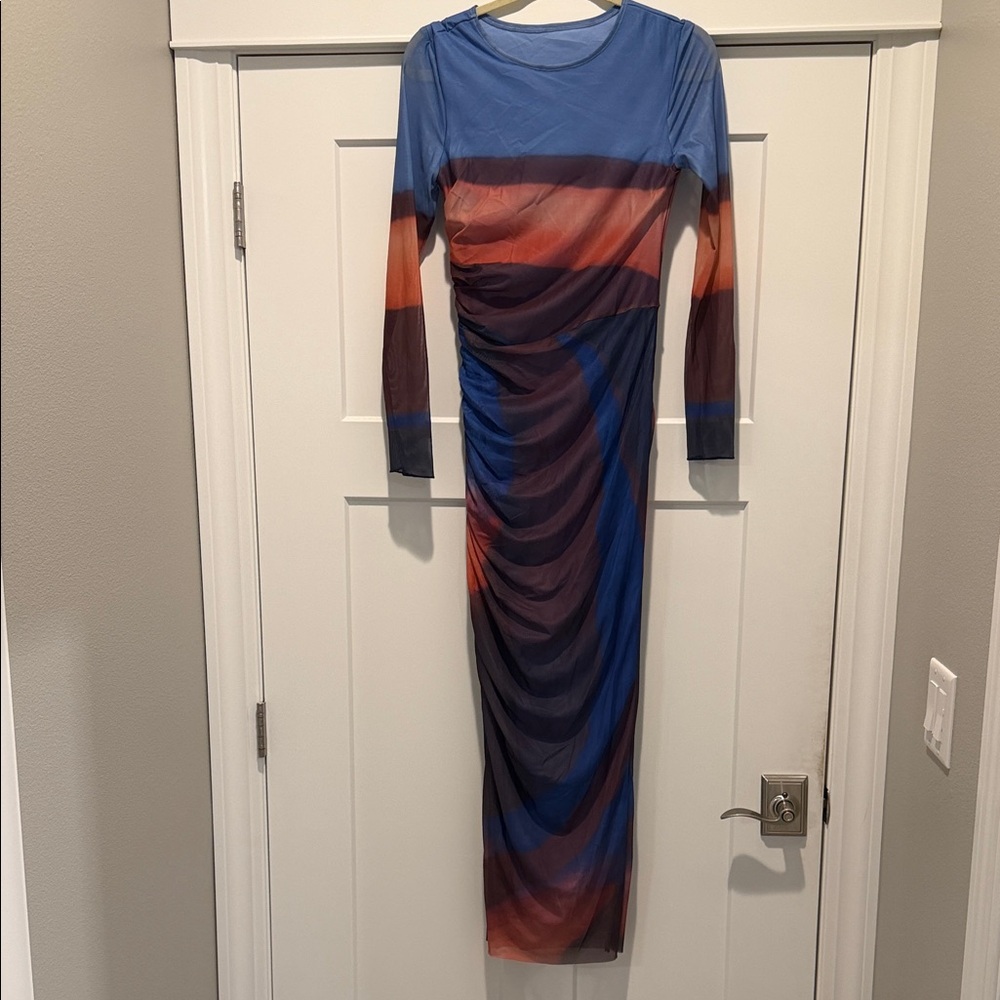 Ruched Long Sleeve Maxi Dress in Blue and Orange